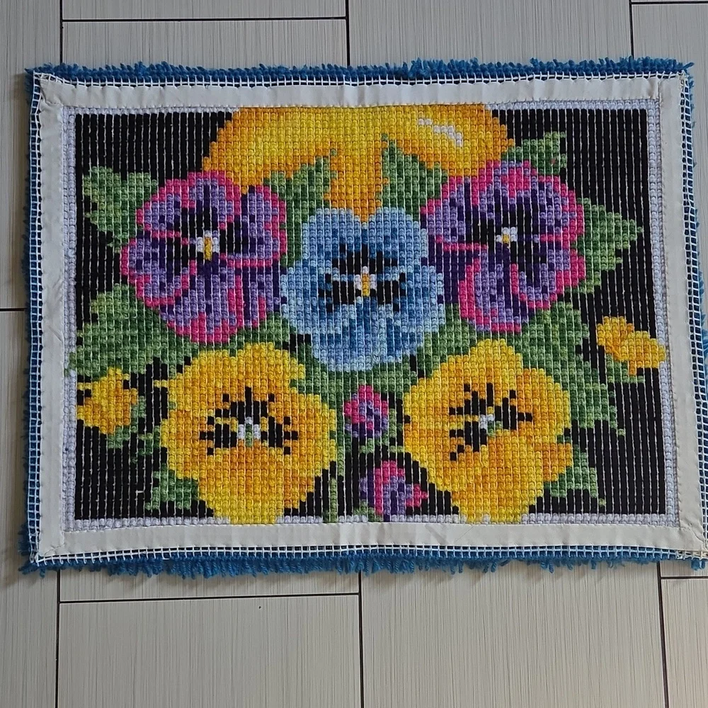 Completed Caron Wonderart Pot of Pansies Rug